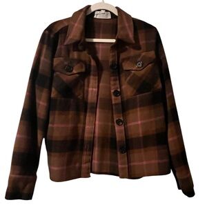 BB Dakota by Steve Madden Boxy Shacket | Brown & Pink Cashew Plaid | Size Medium